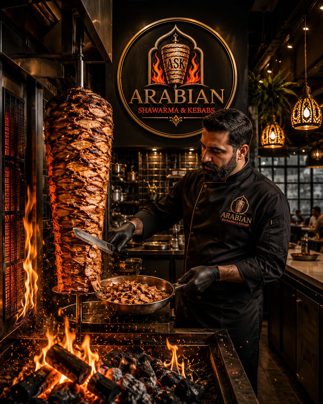 Chef carving charcoal shawarma at Arabian Shawarma & Kebabs Tarneit